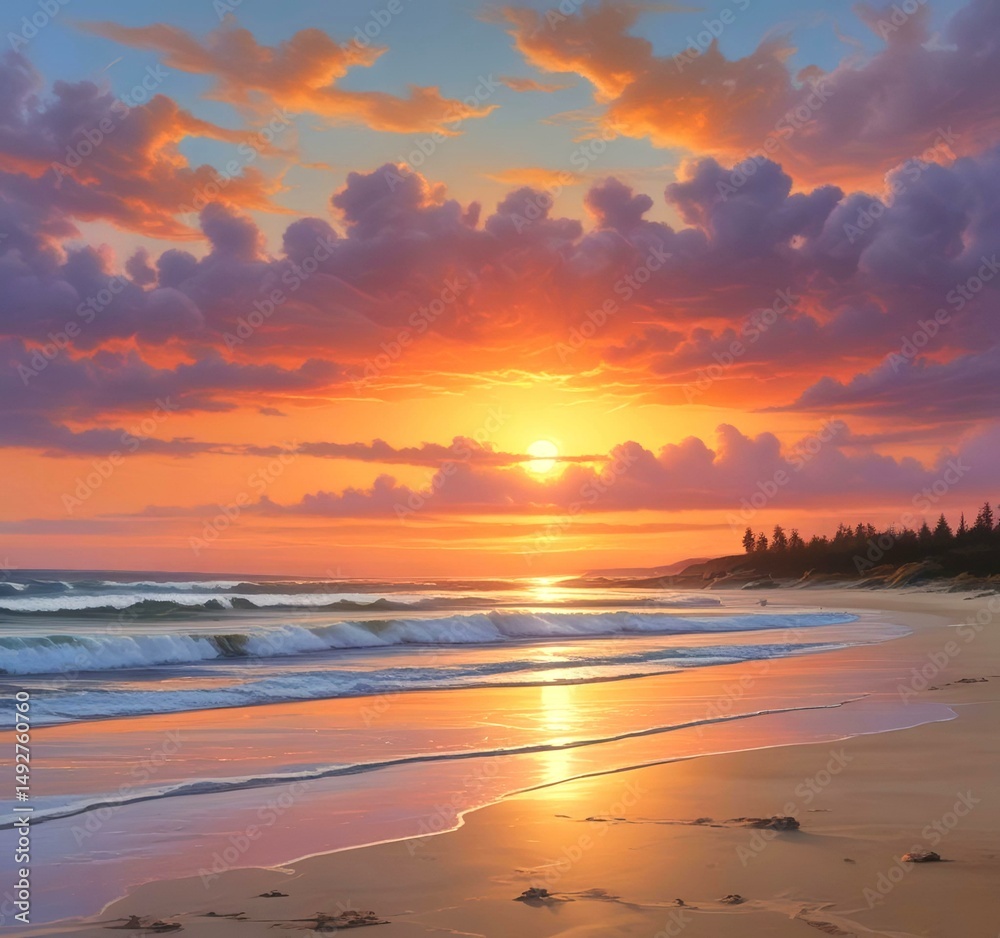 Fototapeta premium Illustration of sandy beach with amazing summer landscape.