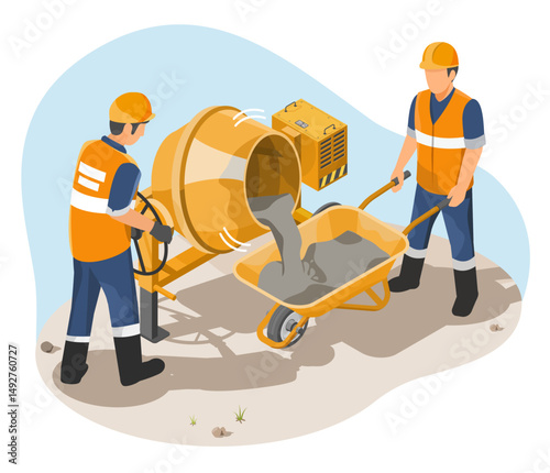 Construction workers mixing and transporting concrete with proper safety gear and equipment according to industrial work standards on site