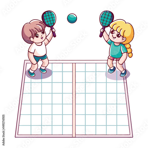 Cartoon Characters Playing Pickleball. Vector Hand Drawn Collection Set Isolated On Transparent Background