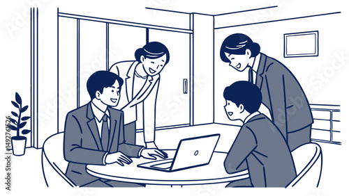 Vector SVG Collaborative meeting among four Japanese business professionals in modern office setting, showcasing teamwork and engagement