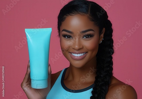 Attractive African American woman in her late thirties with braided hair, smiling and holding up a body lotion tube against a pastel pink background