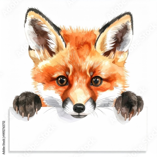 Curious Fox Cub Peeking Over Watercolor Sign