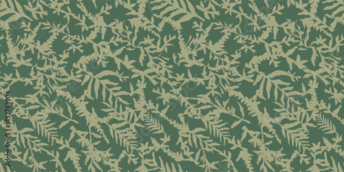 Camouflage hand drawn seamless pattern. Botanical textile, wrapping paper. Plant leaves background, camo with twig. Khaki green grunge drawing texture. Vector wallpaper
