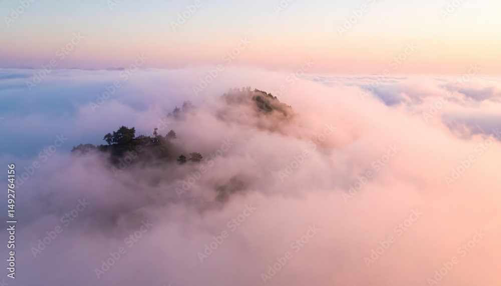 Fototapeta premium Mystical sunrise over foggy mountain landscape photography serene atmosphere aerial view nature's beauty