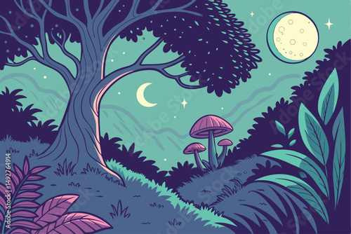 205 intricate, highly detailed, fantasy, enchanting, enchanted, mystical, whimsical, magical, vibrant colors, lush vegetation, surreal, dreamlike, celestial, night sky, stars, moon, planets, tree of l