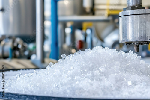 High quality polymer materials manufacturing facility, showcasing pile of clear resin pellets. scene conveys sense
