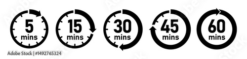 Minute timer icon set. 5, 15, 30, 45 and 60 minutes watch in black and white color. Timer, countdown, clock, stopwatch vector. Flat style.