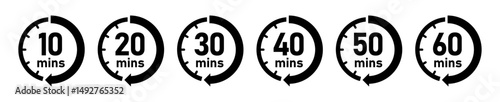 10, 20, 30, 40, 50, 60 minutes timer icon set. Timer, countdown, clock, stopwatch vector in black and white color. Flat style.