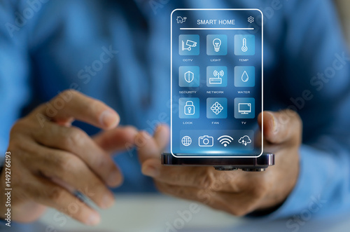 Smart home technology interface on smartphone, home IOT control panel for temperature and energy management, wireless automation system for modern smart living, security, device connectivity app photo
