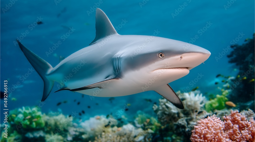 Obraz premium Majestic Shark Swimming Gracefully Through Vibrant Coral Reef