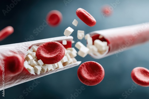 Flow of red blood cells and sugar molecules in the bloodstream revealing metabolic processes