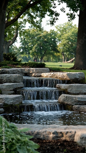 Tranquil cascading waterfall feature in a landscaped park setting