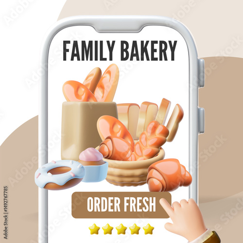 3D poster of smartphone screen with pastries and hand pressing online order button.