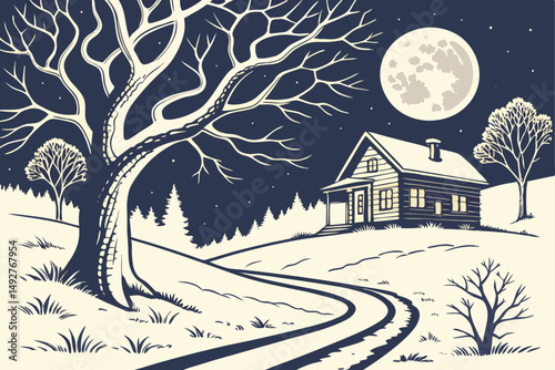207 A lone cottage on a snowy path under a full moon, detailed landscape, dramatic lighting, digital art, moody atmosphere, vibrant colors, intricate details