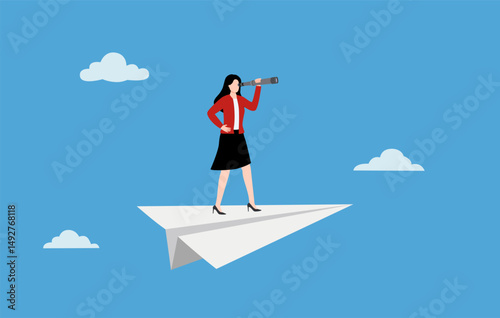 Businesswoman stand on paperplane looking towards goal, plan. business creativity new idea discovery innovation technology. Vector illustration flat
