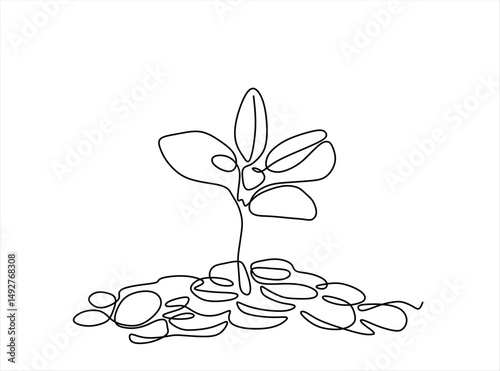 Plant Growing from Pile of Coins, cents, pennies dollars, hryvnia, euro one line art. Continuous line drawing of bank, money, finance, financial, payment, savings, economic, wealth. Editable stroke