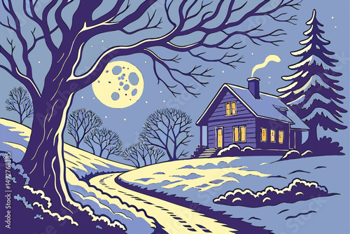 207 A lone cottage on a snowy path under a full moon, detailed landscape, dramatic lighting, digital art, moody atmosphere, vibrant colors, intricate details