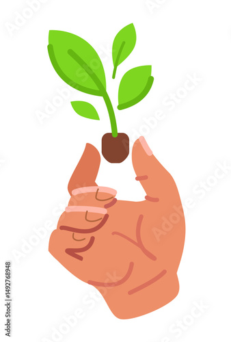 Hand holding small tree sprout with soil. Concept of conservation, planting, sustainability, environmental and ecology