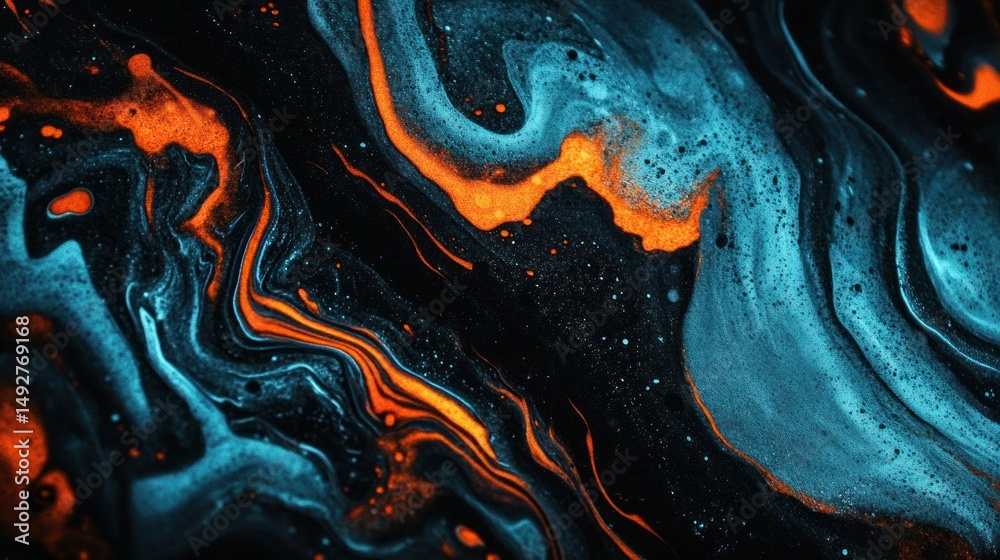 Obraz premium Abstract swirling colors of teal, orange, and black create a mesmerizing, fluid design