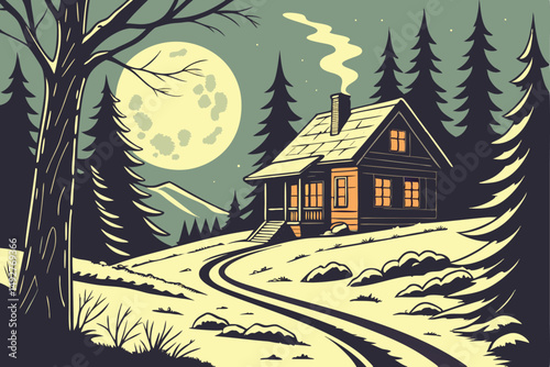 207 A lone cottage on a snowy path under a full moon, detailed landscape, dramatic lighting, digital art, moody atmosphere, vibrant colors, intricate details