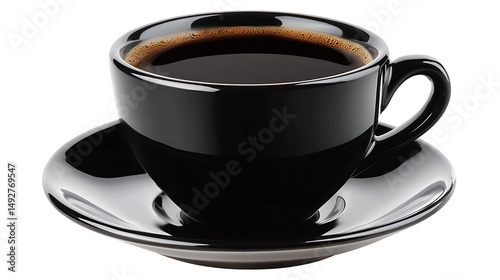 Black coffee in a glossy black cup and saucer