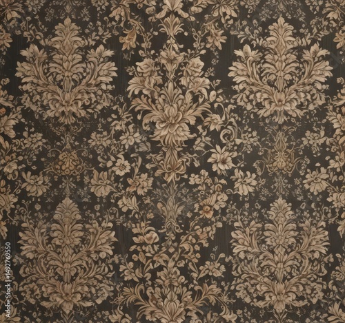 Intricate floral damask, textured vintage wallpaper, leaf, flower