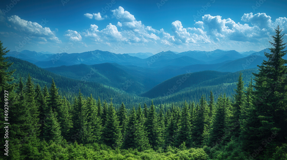 Fototapeta premium wide open blue sky with dense green forest below