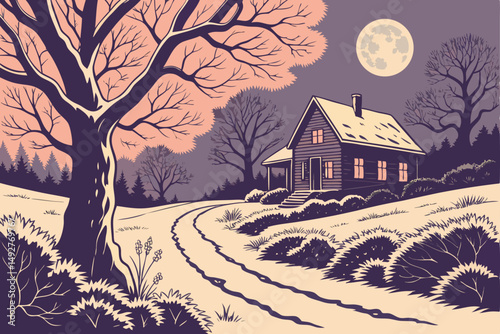 207 A lone cottage on a snowy path under a full moon, detailed landscape, dramatic lighting, digital art, moody atmosphere, vibrant colors, intricate details