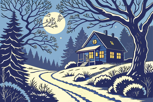 207 A lone cottage on a snowy path under a full moon, detailed landscape, dramatic lighting, digital art, moody atmosphere, vibrant colors, intricate details
