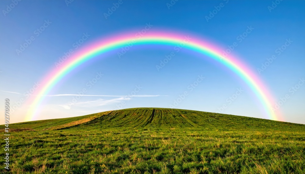 Naklejka premium Spectacular rainbow appears over rolling green hills nature scene vibrant landscape daytime scenic view