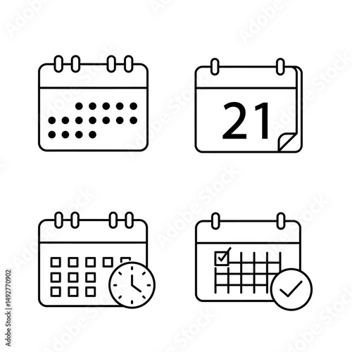 Four calendar icons showing different representations of time and scheduling in black and white