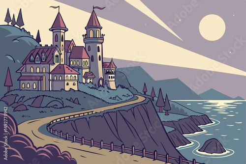 208 idyllic fantasy medieval town on cliff overlooking ocean, vibrant colors, dramatic lighting, detailed architecture, whimsical, digital art, cinematic, landscape, dreamlike