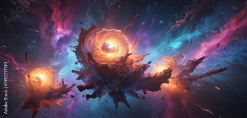 Swirling nebulae, vibrant hues, cosmic dust, abstract forms ,  galaxy,  light,  glowing