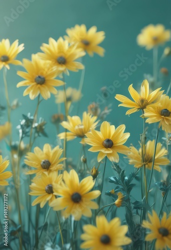 Blurred impressionistic floral forms, sunny yellow & teal hues , blur, canvas, photos