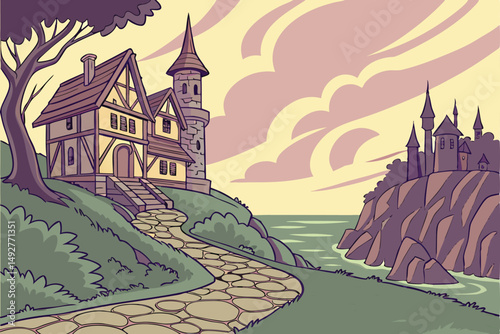 208 idyllic fantasy medieval town on cliff overlooking ocean, vibrant colors, dramatic lighting, detailed architecture, whimsical, digital art, cinematic, landscape, dreamlike
