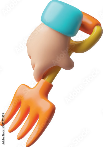 3D vector of human hand holding rake, orange with short metal handle.