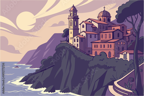 208 idyllic fantasy medieval town on cliff overlooking ocean, vibrant colors, dramatic lighting, detailed architecture, whimsical, digital art, cinematic, landscape, dreamlike