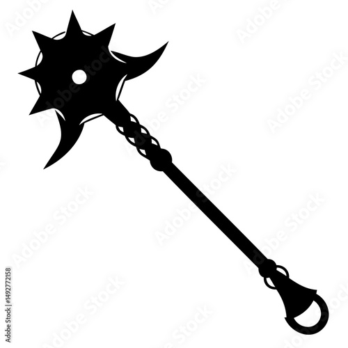 Black silhouette of medieval flail weapon in vector format on transparent background for graphic use