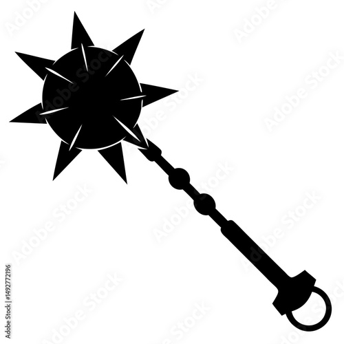 Black silhouette of medieval flail weapon in vector format on transparent background for graphic use