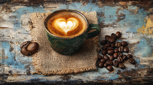 Heart latte art in dark green mug on rustic wood