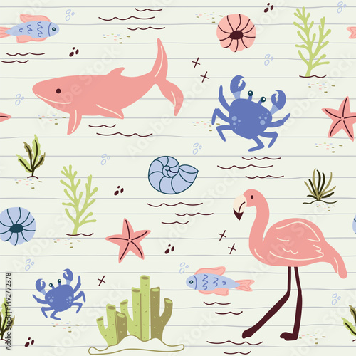 summer atmosphere. seamless pattern with cute design. Handmade, simple abstract drawing, sea, waves, flamingos, fish, star, plants. Naive children's art, vector illustration in minimalism style