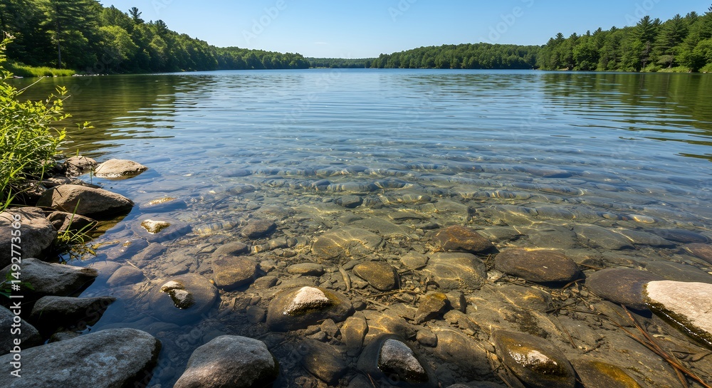 Obraz premium Serene Lake Shore: Crystal Clear Waters and Smooth Rocks