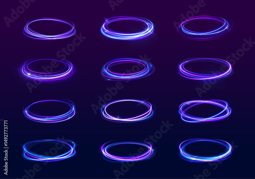 Flash of thunder swirl and magic object with glowing blur line creating round motion light effect for dynamic abstract vector background and power shape element in shiny fantasy design

