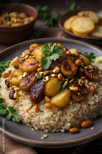 Palestinian Maqluba rice casserole with tender chicken or lamb, golden potatoes, caramelized eggplant, toasted nuts, fresh parsley. Authentic Middle Eastern Arab dish