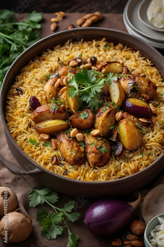 Palestinian Maqluba rice casserole with tender chicken or lamb, golden potatoes, caramelized eggplant, toasted nuts, fresh parsley. Authentic Middle Eastern Arab dish