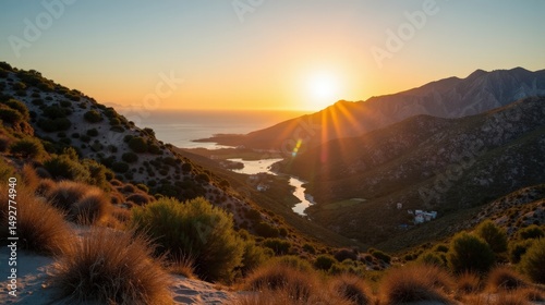 High-quality photo of Valle de Alcudia at dawn, sunny, from a view above.