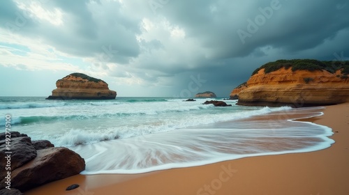 Wide panoramic view of Rodiles Beach at midday, with soft clouds and tranquil waters.