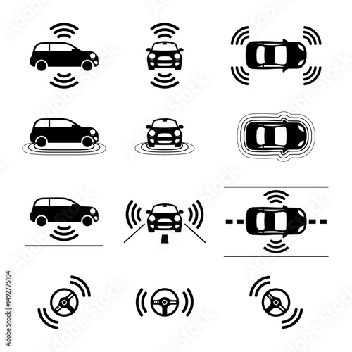 Autonomous Car Icons Set – Self-Driving Vehicles, Electric Robotic Auto, ADAS, AI Car, Auto Pilot System, Smart Sensors, GPS Navigation, and Driverless Technology