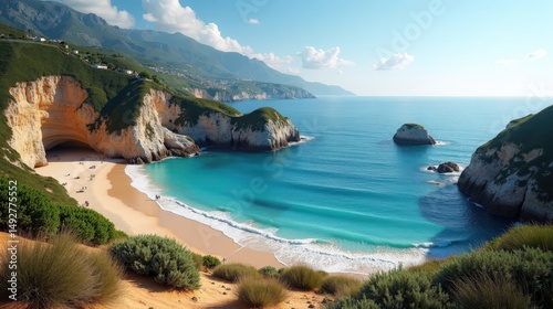 Midday panoramic view of Sa Tuna Cove in Spain, showcasing the clear blue waters and scenic coastline in full sunlight.
