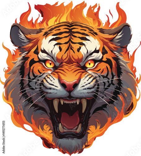 Tiger head on fire vector art illustration
